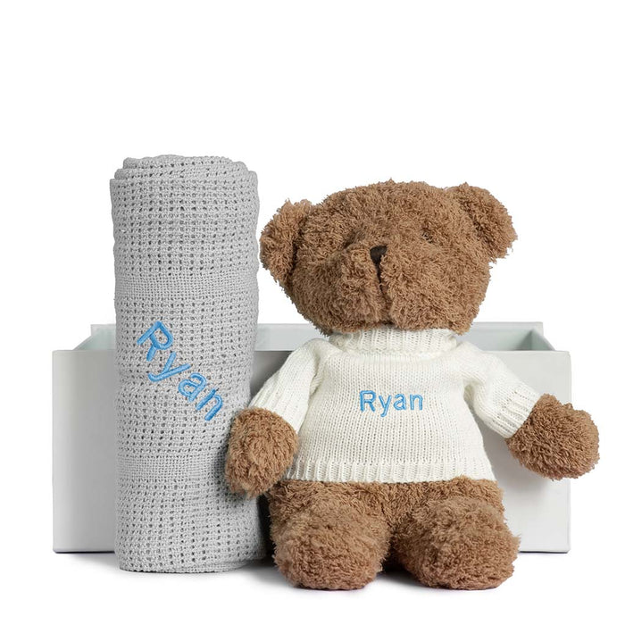 Teddy Set - Beige or Cocoa Teddy with Beige, Green, Grey, Pink, Dusty Pink, Rose Pink, Sky Blue or White Blanket
