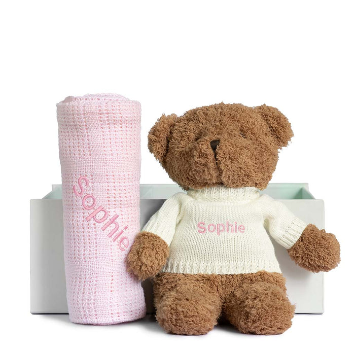 Teddy Set - Beige or Cocoa Teddy with Beige, Green, Grey, Pink, Dusty Pink, Rose Pink, Sky Blue or White Blanket