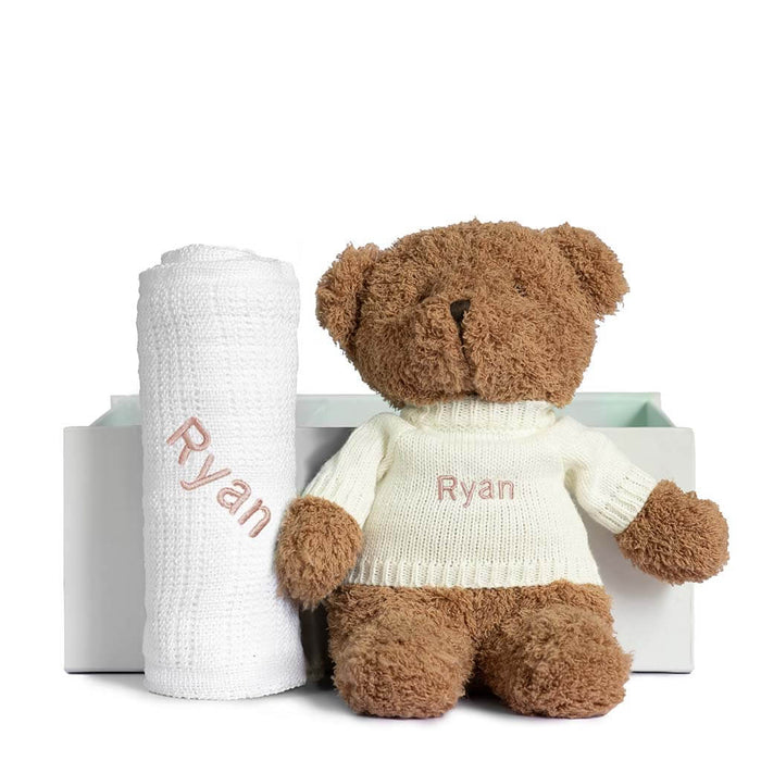 Teddy Set - Beige or Cocoa Teddy with Beige, Green, Grey, Pink, Dusty Pink, Rose Pink, Sky Blue or White Blanket